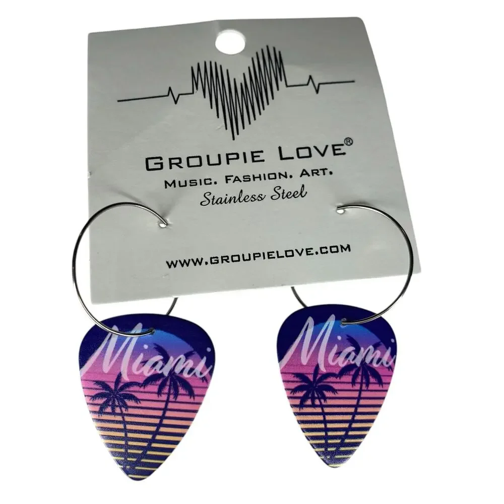 NWT Miami Striped Palm Tree Single Guitar Pick 25mm Hoop Festival Earrings